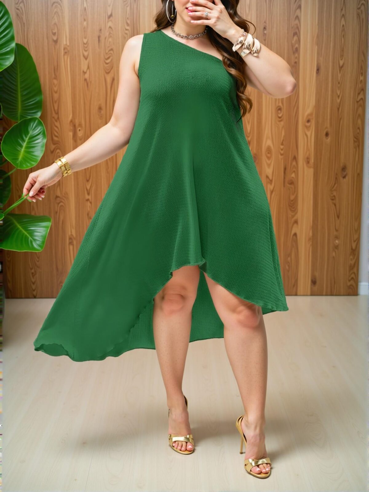Elegant Green Asymmetrical Neck A-Line Dress for Effortless Style in Spring and Summer – Chic, Classy and Trendy Fashion Style to Dress to Impress - Image 4