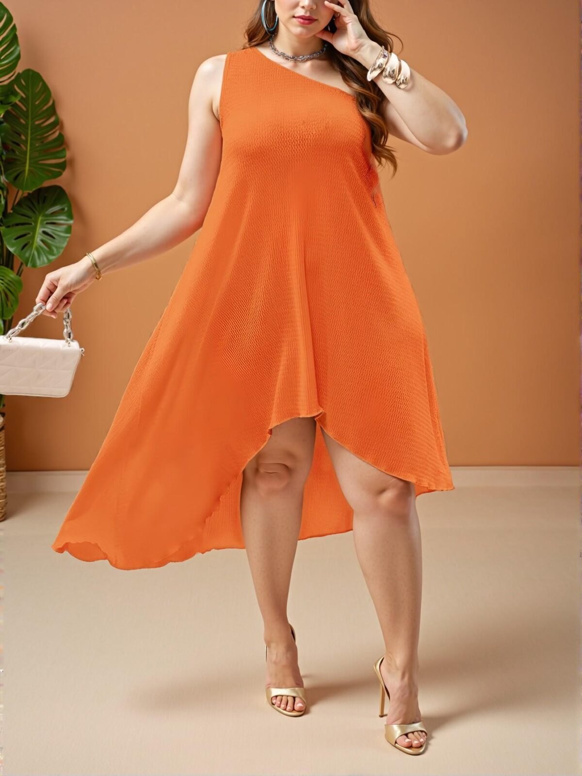 Elegant Orange Asymmetrical Hem Dress Perfect for Spring and Summer Chic, Classy and Trendy Fashion Style to Dress to Impress - Image 4