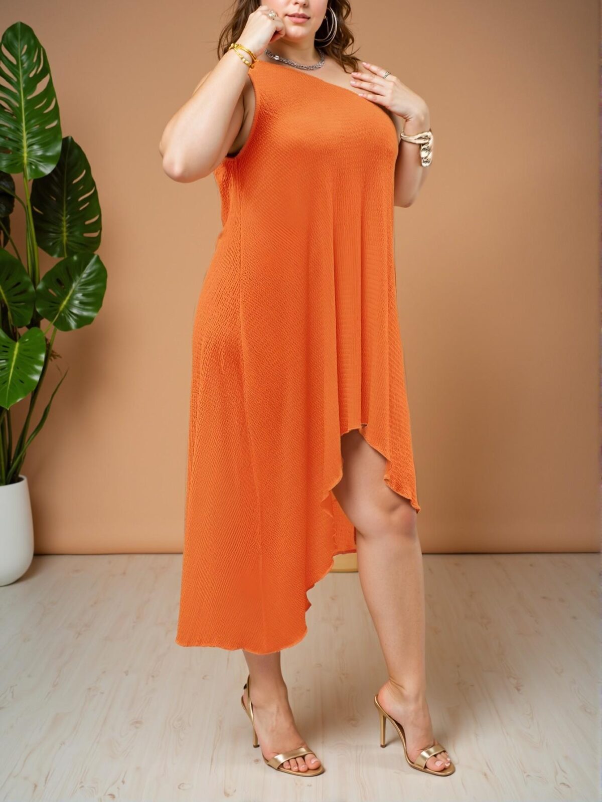 Elegant Orange Asymmetrical Hem Dress Perfect for Spring and Summer Chic, Classy and Trendy Fashion Style to Dress to Impress - Image 5
