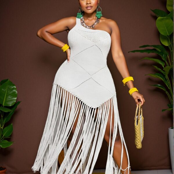 Elegant White Figure-Hugging Maxi Dress with Asymmetrical Neck and Fringe Details Perfect for Spring and Summer Events - Chic, Classy and Trendy Fashion Style to Dress to Impress