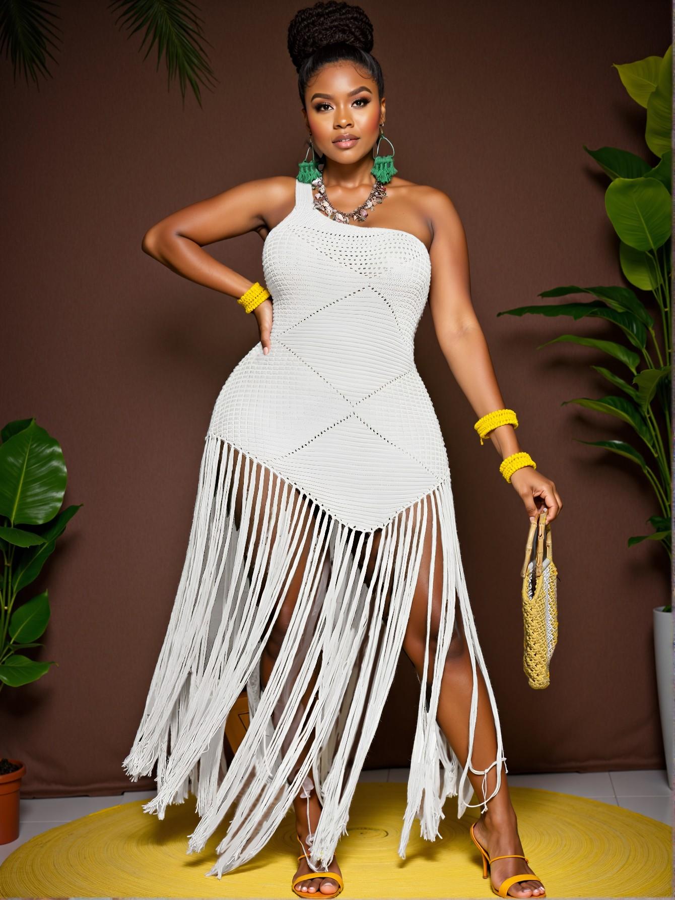 Elegant White Figure-Hugging Maxi Dress with Asymmetrical Neck and Fringe Details Perfect for Spring and Summer Events - Chic, Classy and Trendy Fashion Style to Dress to Impress