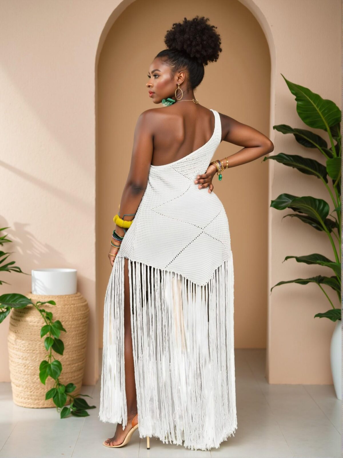 Elegant White Figure-Hugging Maxi Dress with Asymmetrical Neck and Fringe Details Perfect for Spring and Summer Events - Chic, Classy and Trendy Fashion Style to Dress to Impress - Image 2