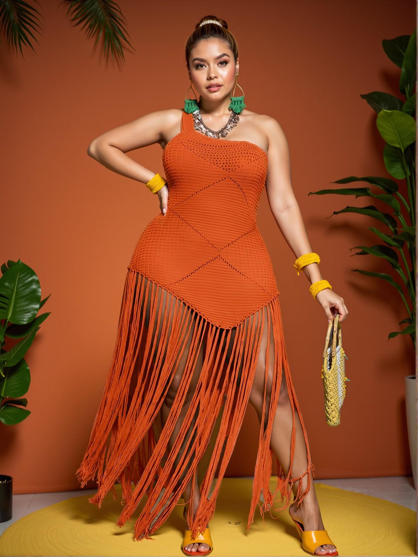 Elegant Orange Trendy Plus Size Casual Long Knitted Dress with Fringed Shoulders for Spring/Summer "Chic, Classy and Trendy Fashion Style to Dress to Impress"