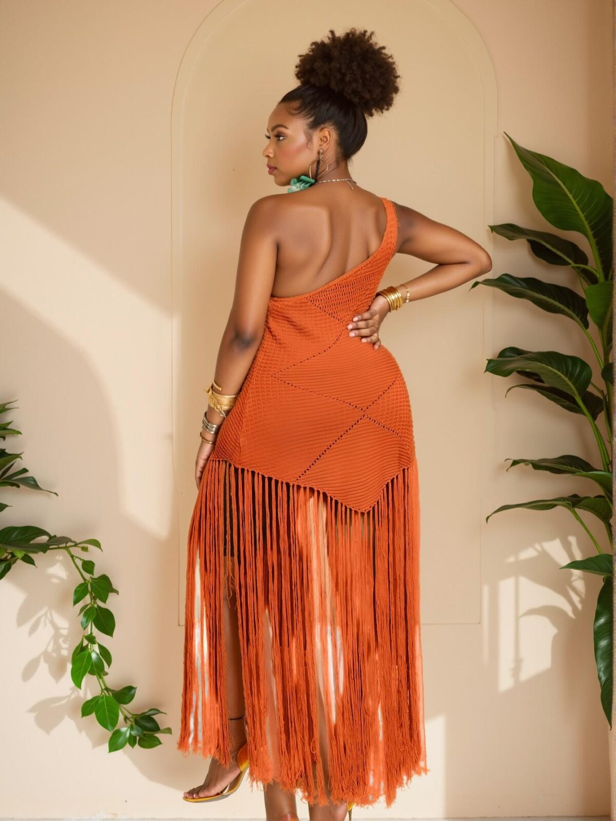 Elegant Orange Trendy Plus Size Casual Long Knitted Dress with Fringed Shoulders for Spring/Summer "Chic, Classy and Trendy Fashion Style to Dress to Impress" - Image 2