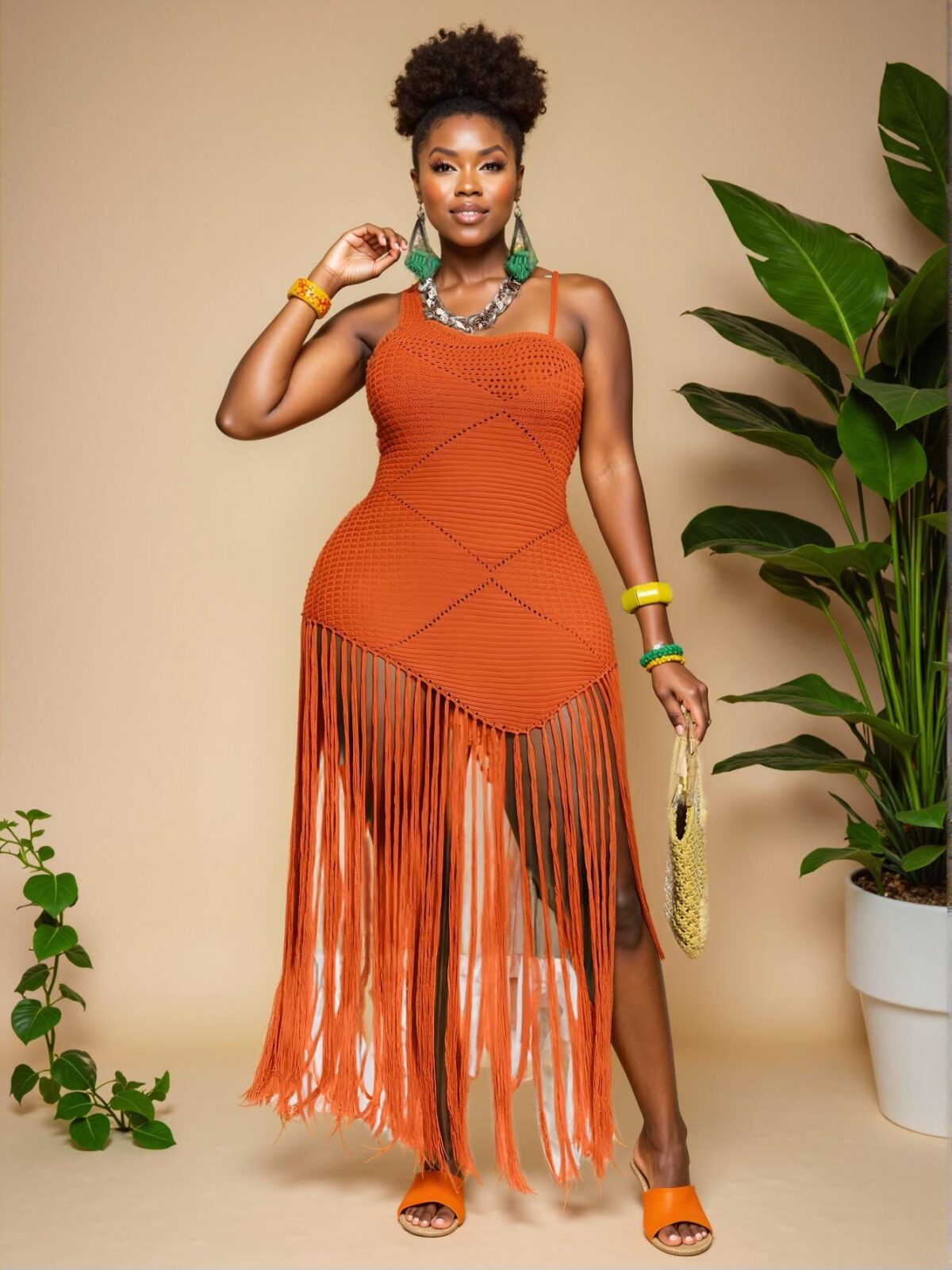 Elegant Orange Trendy Plus Size Casual Long Knitted Dress with Fringed Shoulders for Spring/Summer "Chic, Classy and Trendy Fashion Style to Dress to Impress" - Image 3