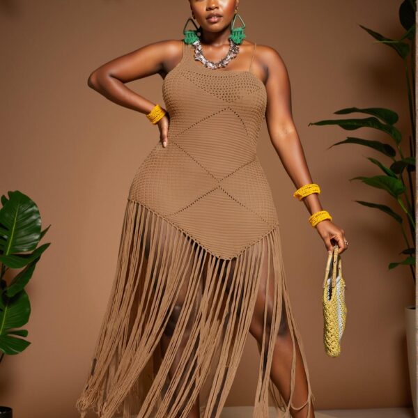 Elegant Khaki Chic One-Shoulder Bodycon Dress with Long Fringe Details for Spring and Summer - A Stylish, Classy, and Trendy Fashion Choice to Impress