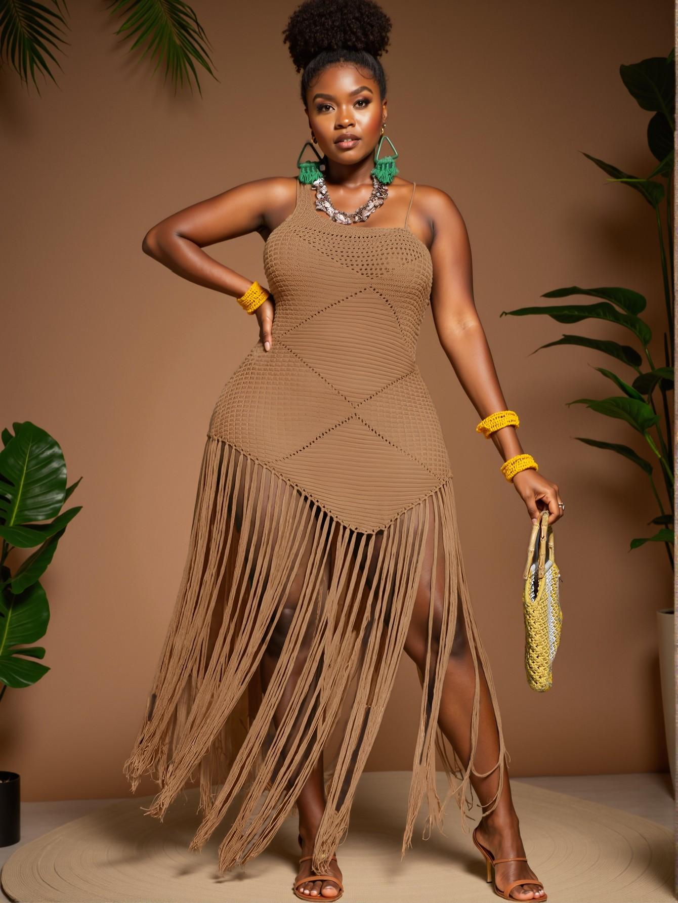 Elegant Khaki Chic One-Shoulder Bodycon Dress with Long Fringe Details for Spring and Summer - A Stylish, Classy, and Trendy Fashion Choice to Impress