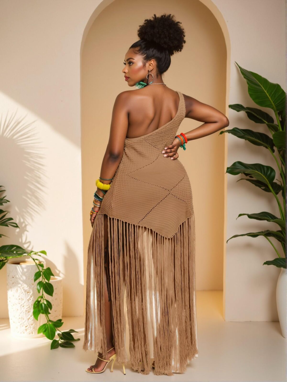 Elegant Khaki Chic One-Shoulder Bodycon Dress with Long Fringe Details for Spring and Summer - A Stylish, Classy, and Trendy Fashion Choice to Impress - Image 2