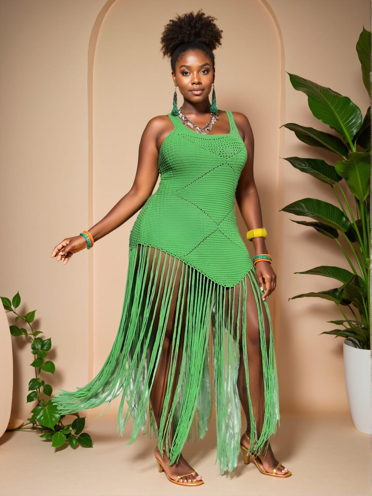 Elegant Green Stylish Plus Size Fitted Long Casual Fringed Asymmetric Sweater Dress for Spring and Summer - Chic, Classy and Trendy Fashion Style to Dress to Impress