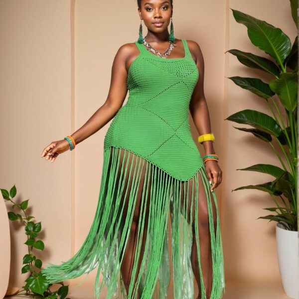 Elegant Green Stylish Plus Size Fitted Long Casual Fringed Asymmetric Sweater Dress for Spring and Summer - Chic, Classy and Trendy Fashion Style to Dress to Impress