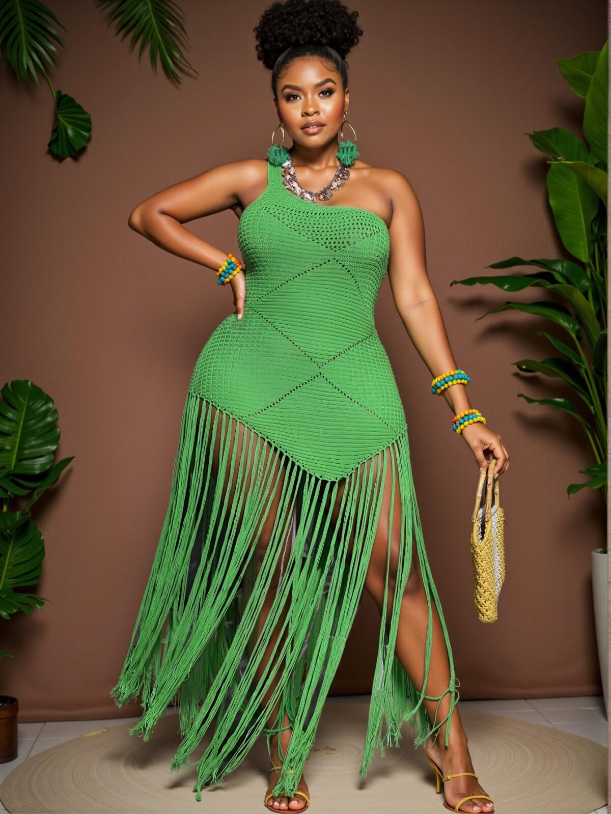 Elegant Green Stylish Plus Size Fitted Long Casual Fringed Asymmetric Sweater Dress for Spring and Summer - Chic, Classy and Trendy Fashion Style to Dress to Impress - Image 2
