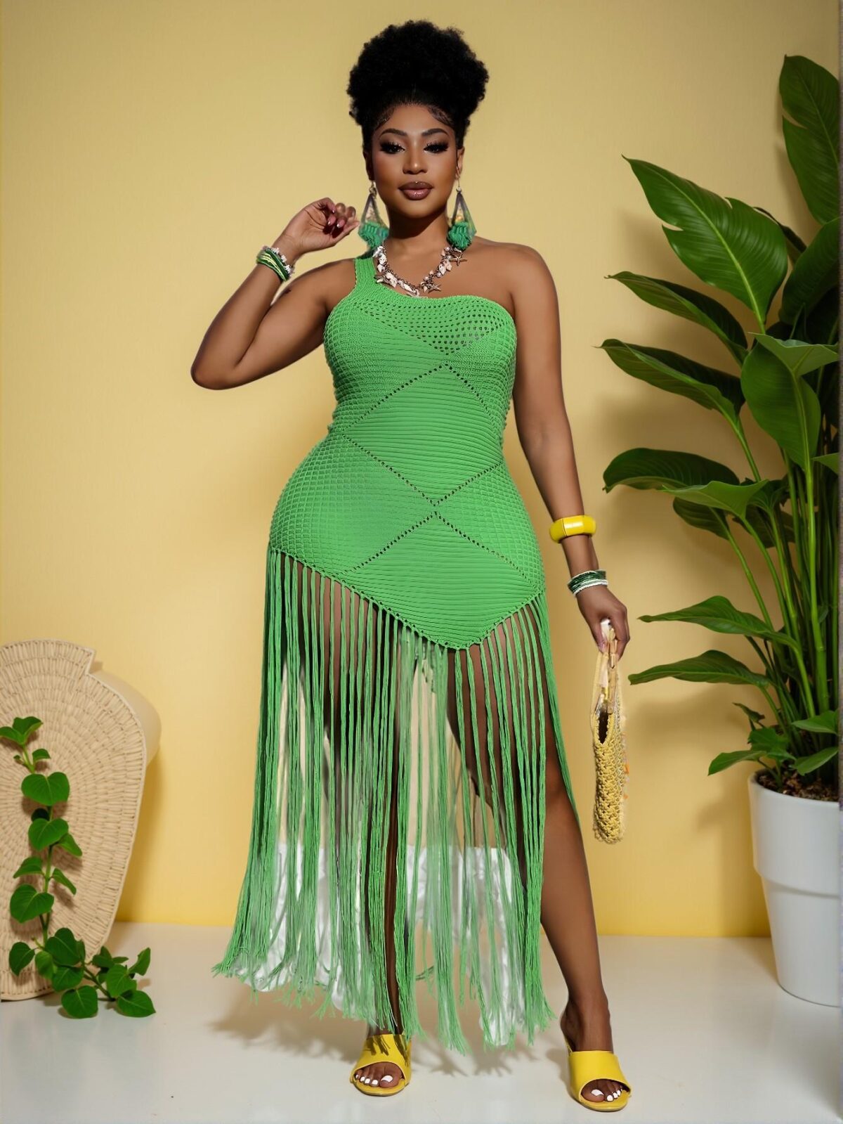 Elegant Green Stylish Plus Size Fitted Long Casual Fringed Asymmetric Sweater Dress for Spring and Summer - Chic, Classy and Trendy Fashion Style to Dress to Impress - Image 4
