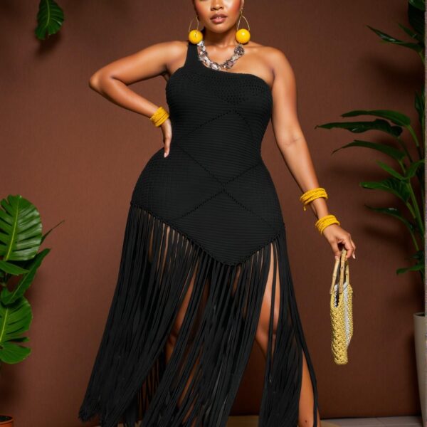 Elegant Black Asymmetrical Fringed Fitted Casual Knit One Shoulder Dress for Spring and Summer - Chic, Classy and Trendy Fashion Style to Dress to Impress