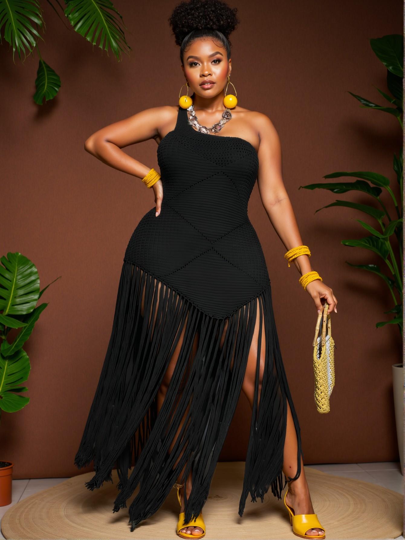 Elegant Black Asymmetrical Fringed Fitted Casual Knit One Shoulder Dress for Spring and Summer - Chic, Classy and Trendy Fashion Style to Dress to Impress