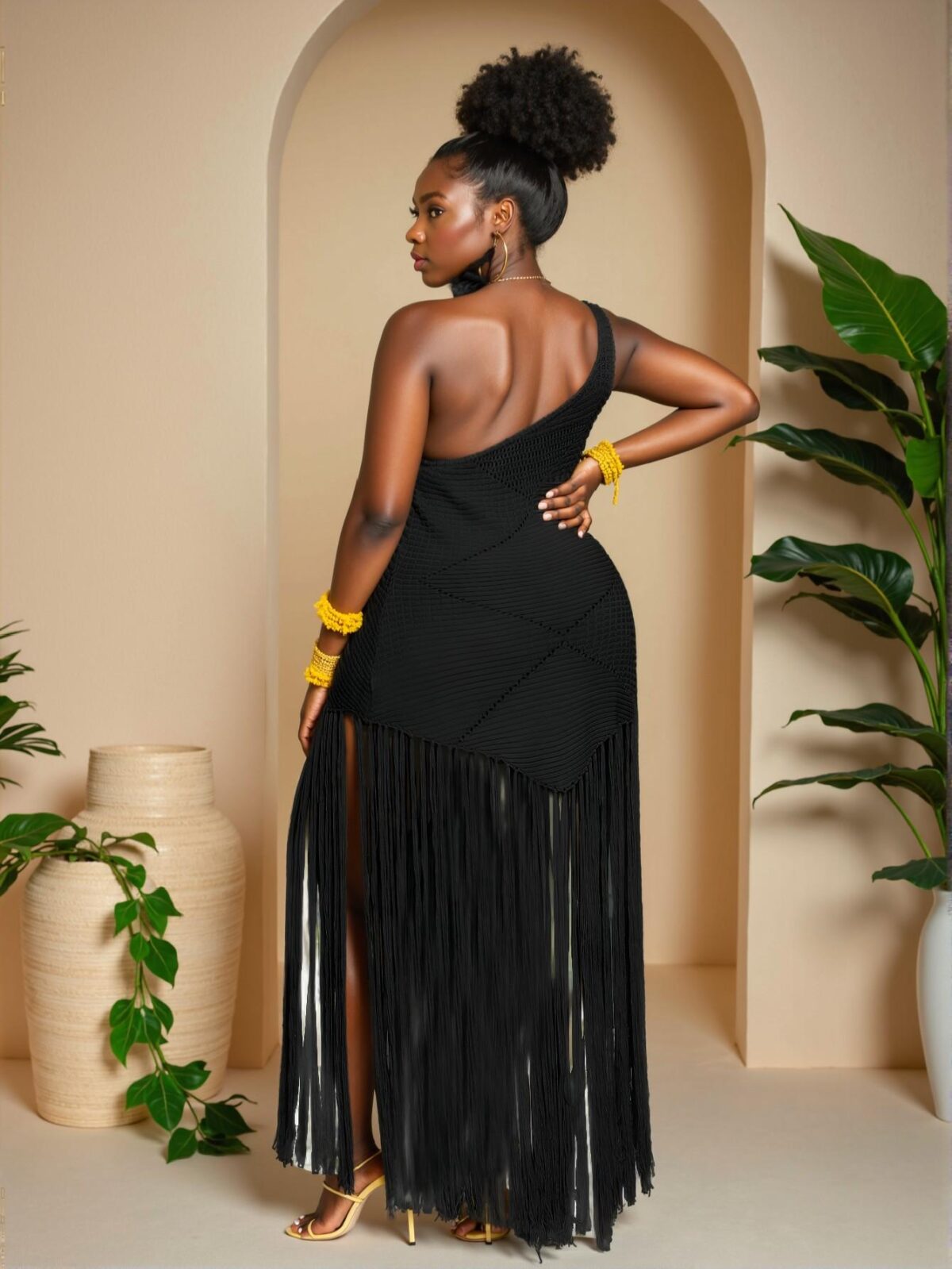 Elegant Black Asymmetrical Fringed Fitted Casual Knit One Shoulder Dress for Spring and Summer - Chic, Classy and Trendy Fashion Style to Dress to Impress - Image 2