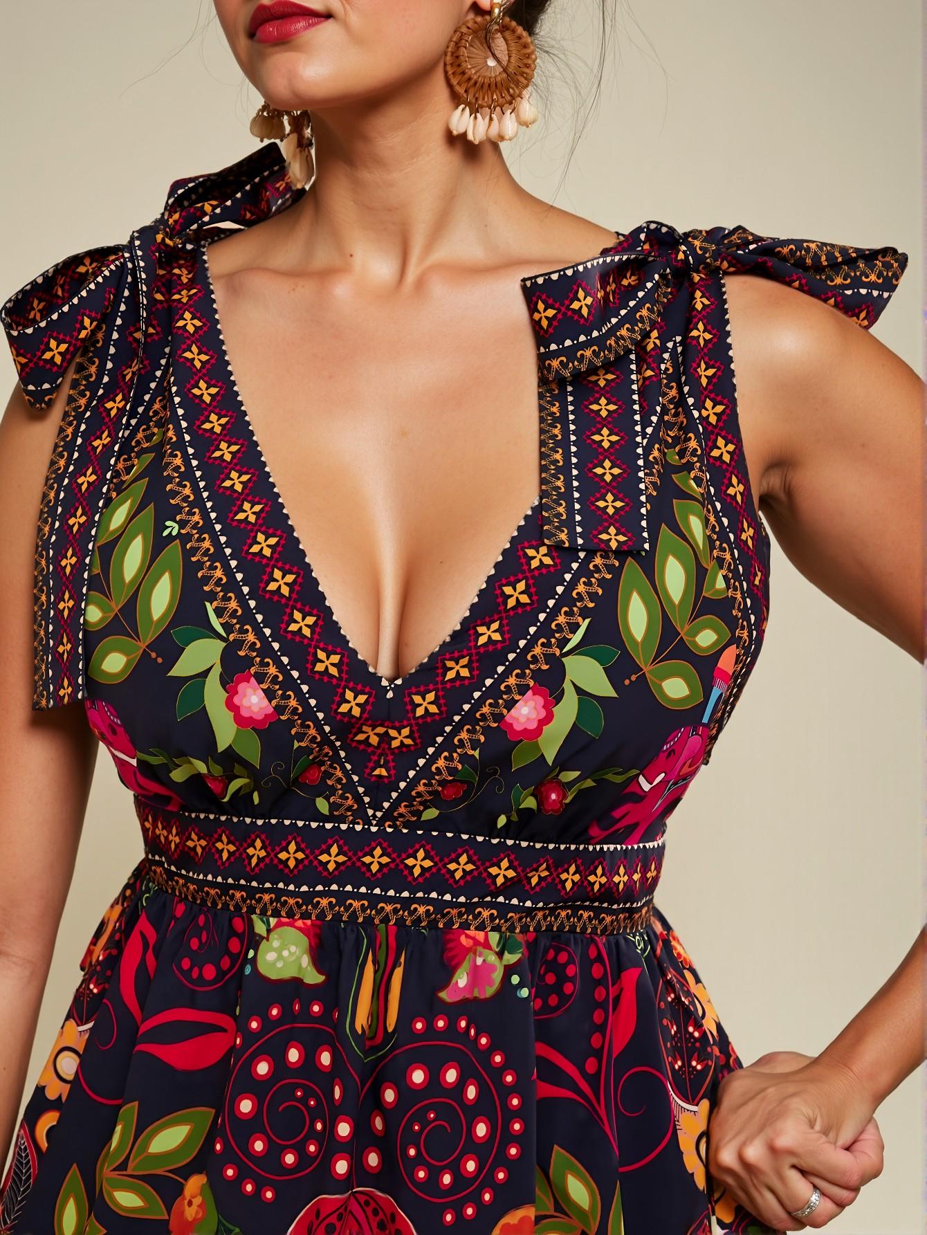 Elegant Navy Blue Casual Bohemian A-Line Floral Print Mini Dress with Shoulder Tie Bow Detail for Spring and Summer "Chic, Classy and Trendy Fashion Style to Dress to Impress"