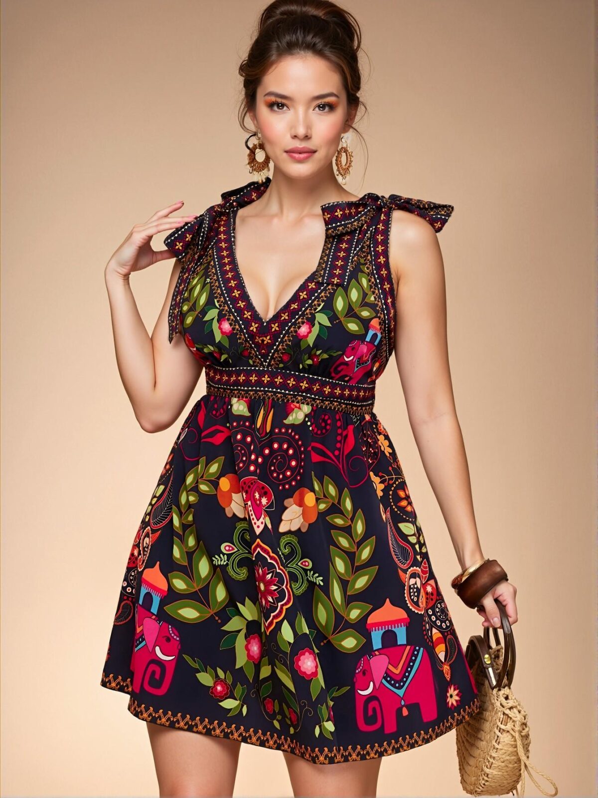 Elegant Navy Blue Casual Bohemian A-Line Floral Print Mini Dress with Shoulder Tie Bow Detail for Spring and Summer "Chic, Classy and Trendy Fashion Style to Dress to Impress" - Image 5