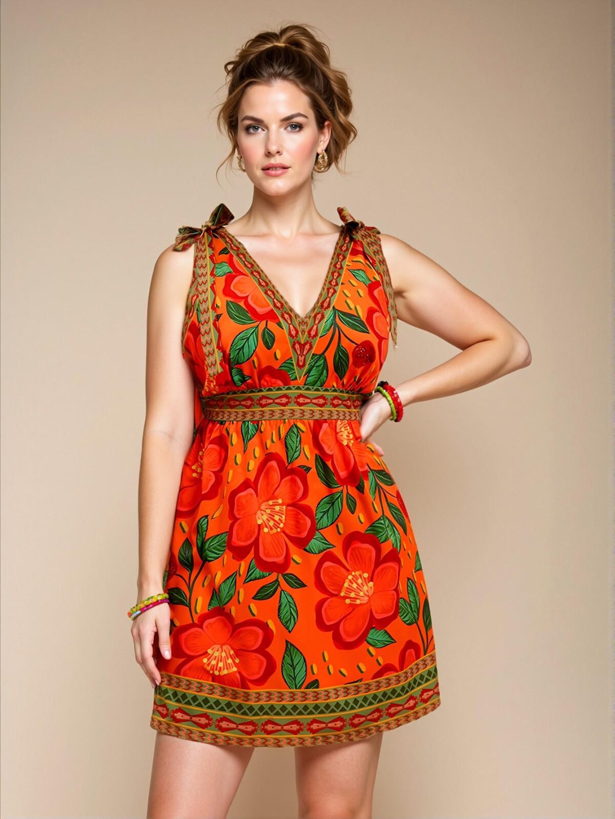 Elegant Orange Flared A-Line Tropical Floral Print Mini Dress for Spring and Summer - Chic, Classy and Trendy Fashion Style to Dress to Impress - Image 2