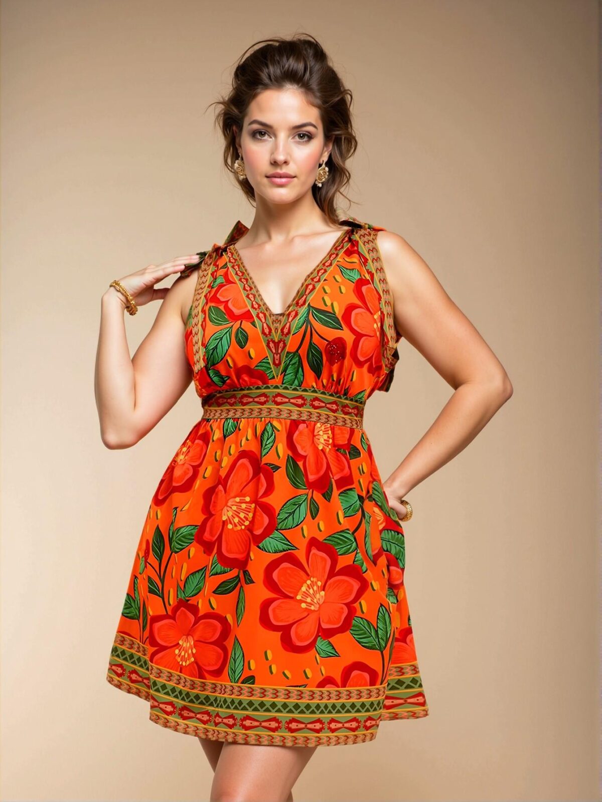 Elegant Orange Flared A-Line Tropical Floral Print Mini Dress for Spring and Summer - Chic, Classy and Trendy Fashion Style to Dress to Impress - Image 3
