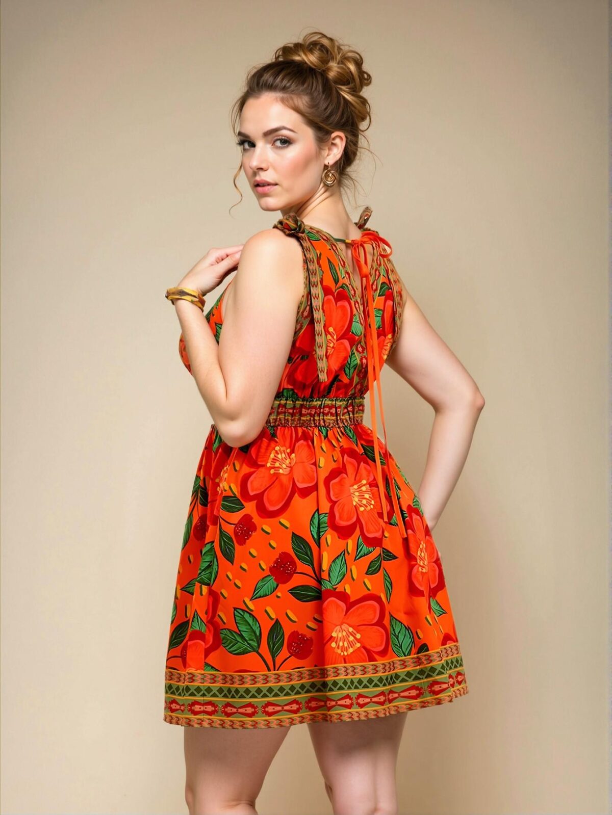 Elegant Orange Flared A-Line Tropical Floral Print Mini Dress for Spring and Summer - Chic, Classy and Trendy Fashion Style to Dress to Impress - Image 5