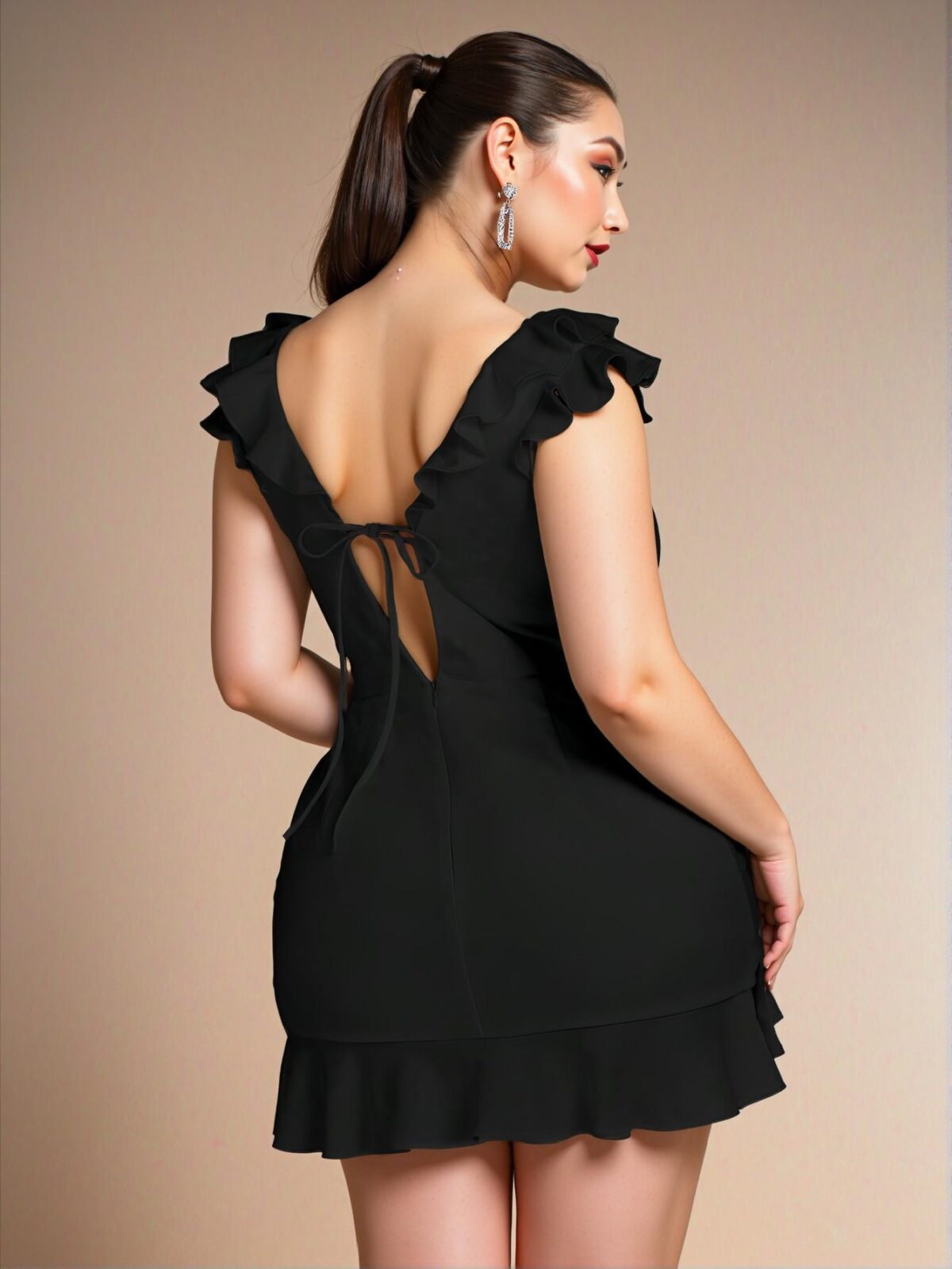 Elegant Black Flirty Ruffled Deep V-Neck Backless Lace Dress for Women's Summer Outings, Graduation Celebrations, and Birthday Parties - Chic, Classy and Trendy Fashion Style to Dress to Impress - Image 2