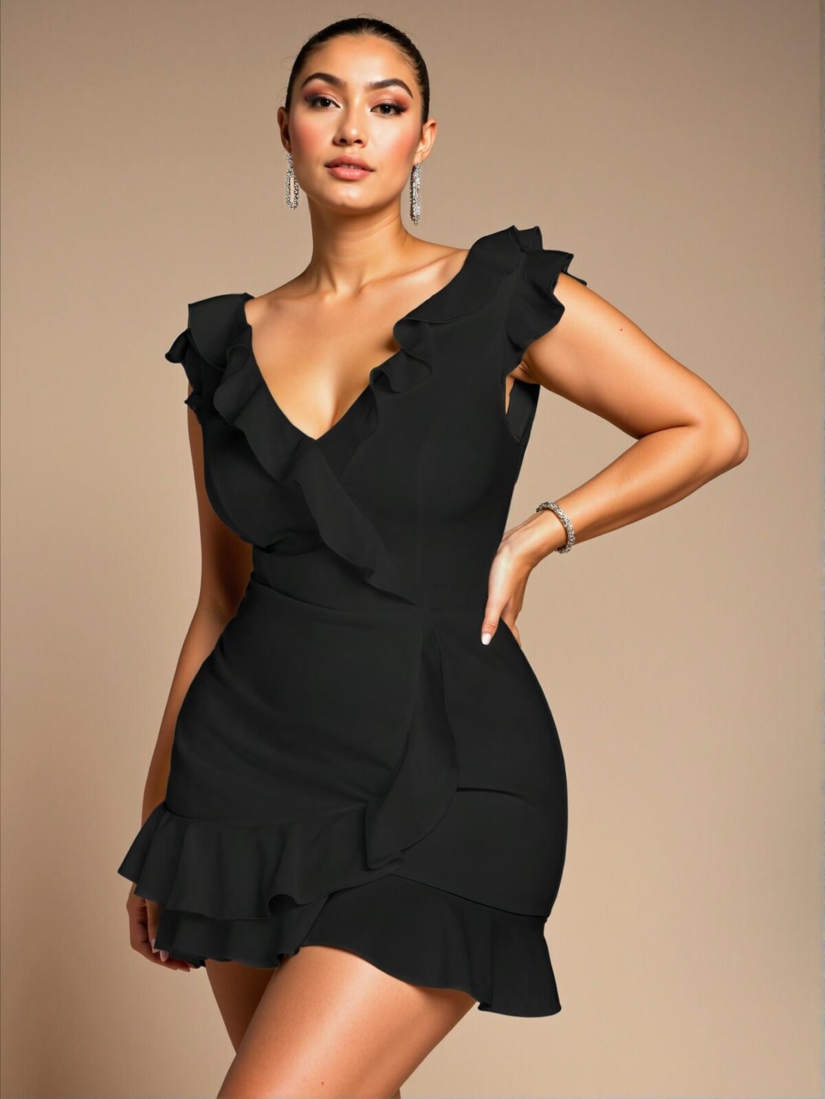 Elegant Black Flirty Ruffled Deep V-Neck Backless Lace Dress for Women's Summer Outings, Graduation Celebrations, and Birthday Parties - Chic, Classy and Trendy Fashion Style to Dress to Impress - Image 3