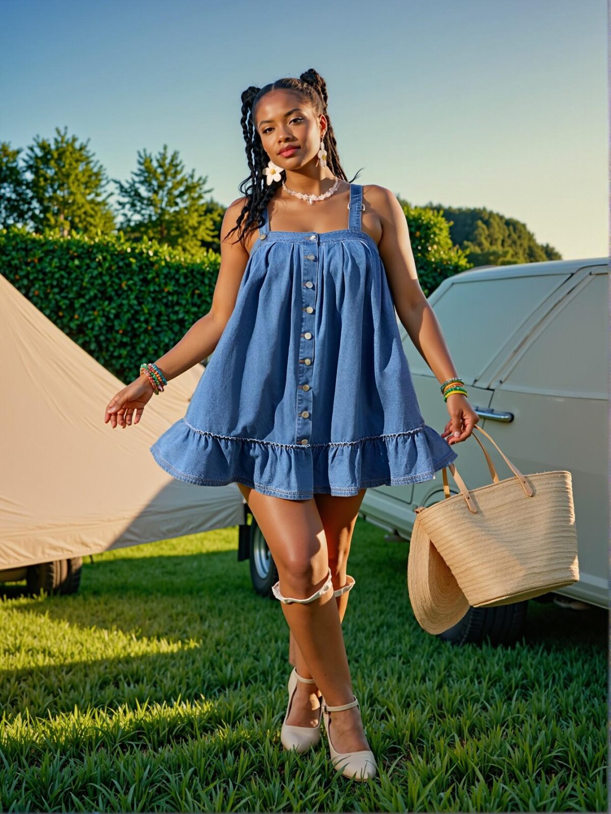 Elegant Blue Flirty Plus Size Sleeveless Denim Dress with Ruffled Hem and Button Front for Bohemian Vacations and Summer Festivals - Chic, Classy, and Trendy Fashion Style to Dress to Impress