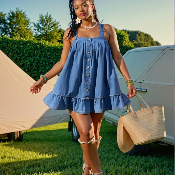 Elegant Blue Flirty Plus Size Sleeveless Denim Dress with Ruffled Hem and Button Front for Bohemian Vacations and Summer Festivals - Chic, Classy, and Trendy Fashion Style to Dress to Impress