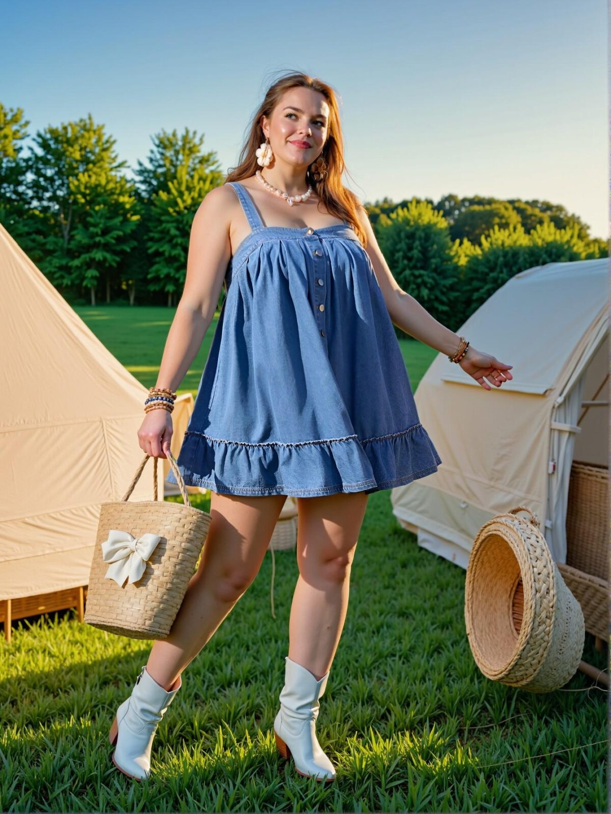 Elegant Blue Flirty Plus Size Sleeveless Denim Dress with Ruffled Hem and Button Front for Bohemian Vacations and Summer Festivals - Chic, Classy, and Trendy Fashion Style to Dress to Impress - Image 3