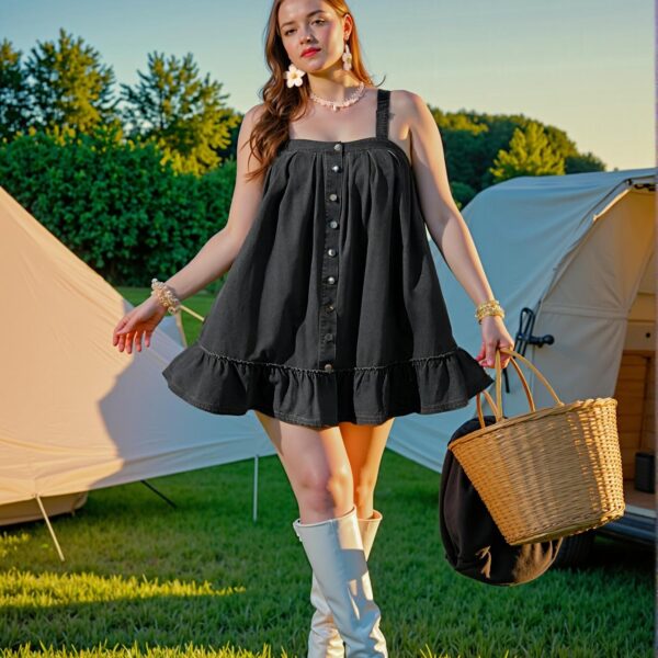 Elegant Grey Stylish Plus Size Denim Ruffle Hem Cami Dress with Button Detail for Spring and Summer Chic, Classy and Trendy Fashion Style to Dress to Impress