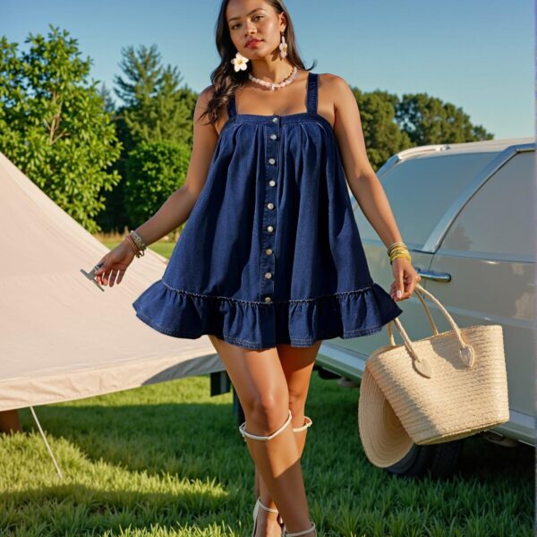 Elegant Dark Wash Chic Cami Denim Dress with Strap and Ruffle Hem for Spring and Summer - Chic, Classy, and Trendy Fashion Style to Dress to Impress
