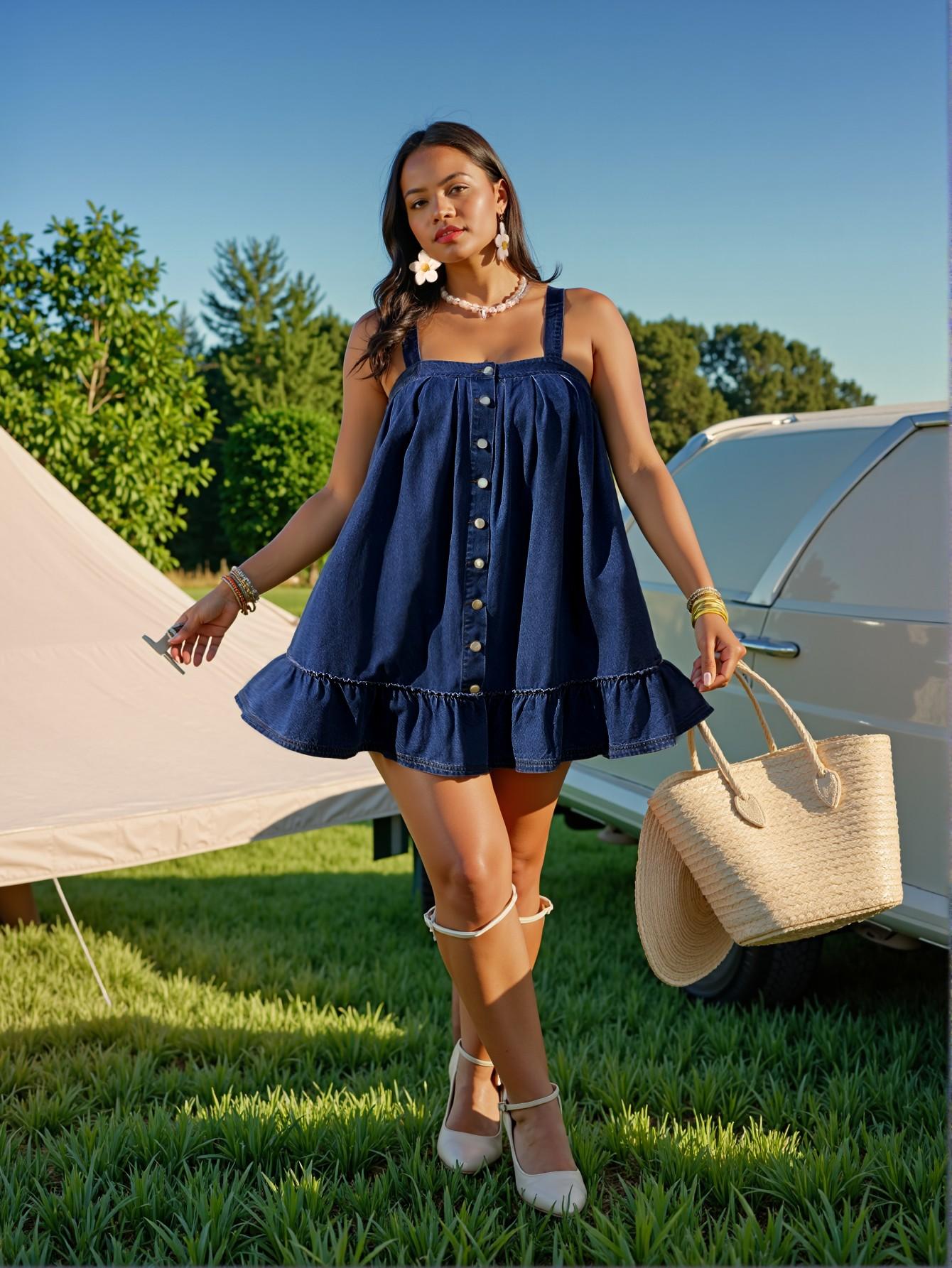 Elegant Dark Wash Chic Cami Denim Dress with Strap and Ruffle Hem for Spring and Summer - Chic, Classy, and Trendy Fashion Style to Dress to Impress