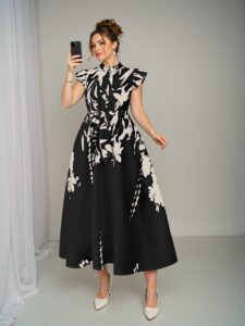 Elegant Black Floral Print Ruffle Dress, Stylishly Accentuates Curves, Ideal for Vacations, Beach Parties, Garden Gatherings, Casual Outings, Commuting, Shopping and More. Cozy Fabric, Unique Design, Excellent Value for Spring and Summer – Chic, Classy and Trendy Fashion Style to Dress to Impress