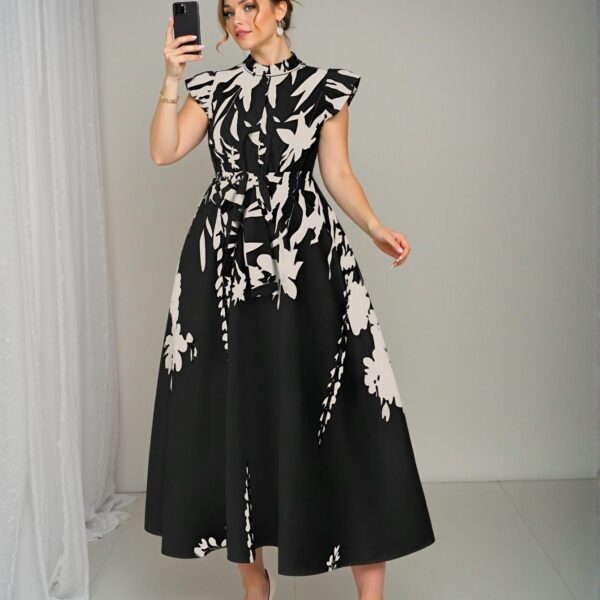 Elegant Black Floral Print Ruffle Dress, Stylishly Accentuates Curves, Ideal for Vacations, Beach Parties, Garden Gatherings, Casual Outings, Commuting, Shopping and More. Cozy Fabric, Unique Design, Excellent Value for Spring and Summer – Chic, Classy and Trendy Fashion Style to Dress to Impress