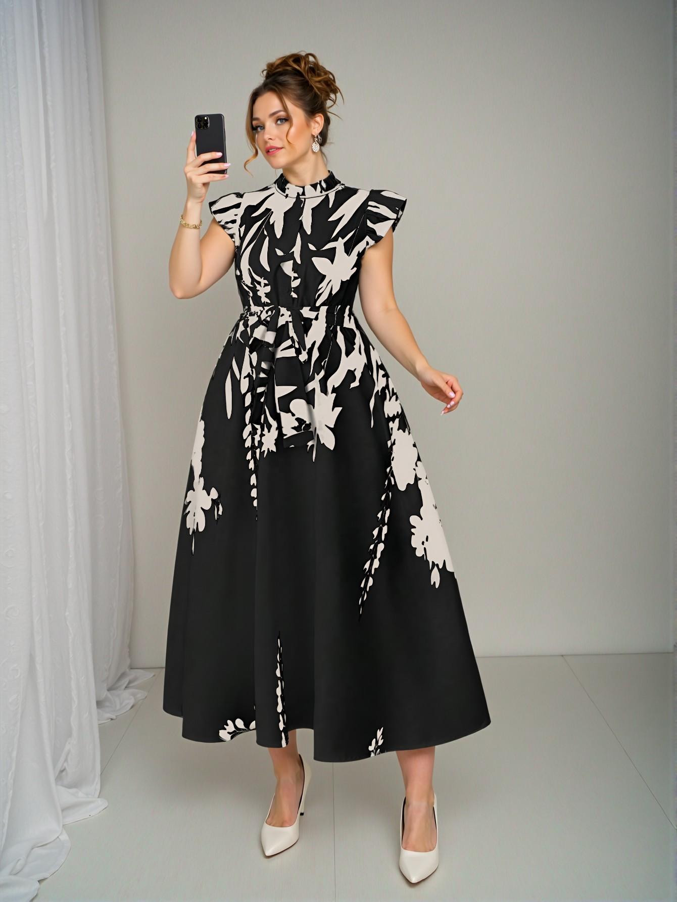 Elegant Black Floral Print Ruffle Dress, Stylishly Accentuates Curves, Ideal for Vacations, Beach Parties, Garden Gatherings, Casual Outings, Commuting, Shopping and More. Cozy Fabric, Unique Design, Excellent Value for Spring and Summer – Chic, Classy and Trendy Fashion Style to Dress to Impress