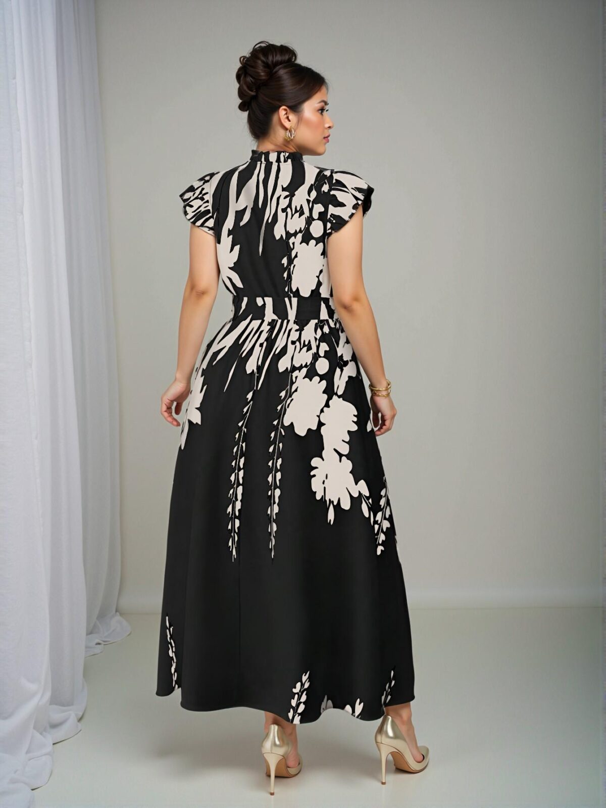 Elegant Black Floral Print Ruffle Dress, Stylishly Accentuates Curves, Ideal for Vacations, Beach Parties, Garden Gatherings, Casual Outings, Commuting, Shopping and More. Cozy Fabric, Unique Design, Excellent Value for Spring and Summer – Chic, Classy and Trendy Fashion Style to Dress to Impress - Image 2