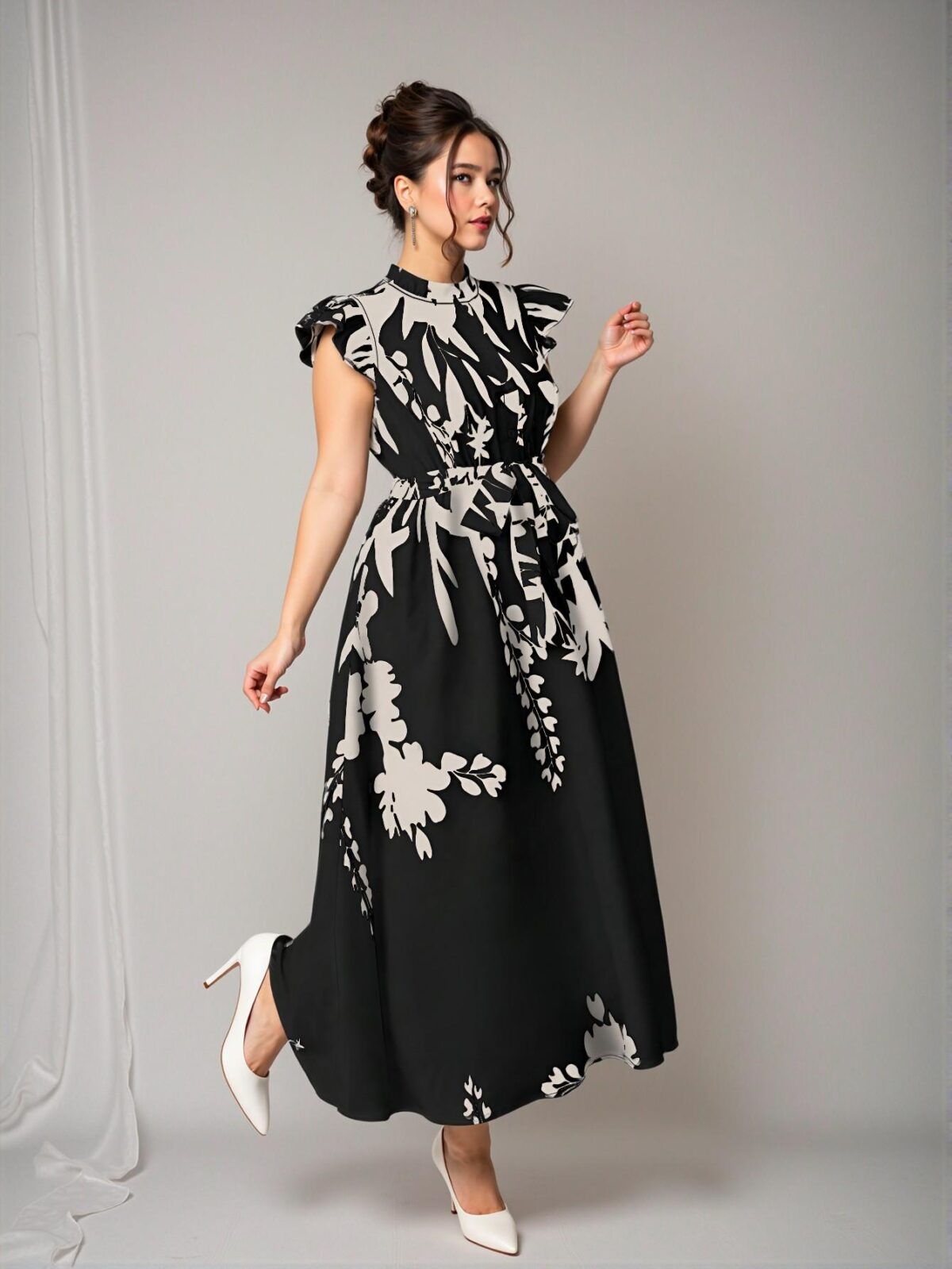 Elegant Black Floral Print Ruffle Dress, Stylishly Accentuates Curves, Ideal for Vacations, Beach Parties, Garden Gatherings, Casual Outings, Commuting, Shopping and More. Cozy Fabric, Unique Design, Excellent Value for Spring and Summer – Chic, Classy and Trendy Fashion Style to Dress to Impress - Image 3