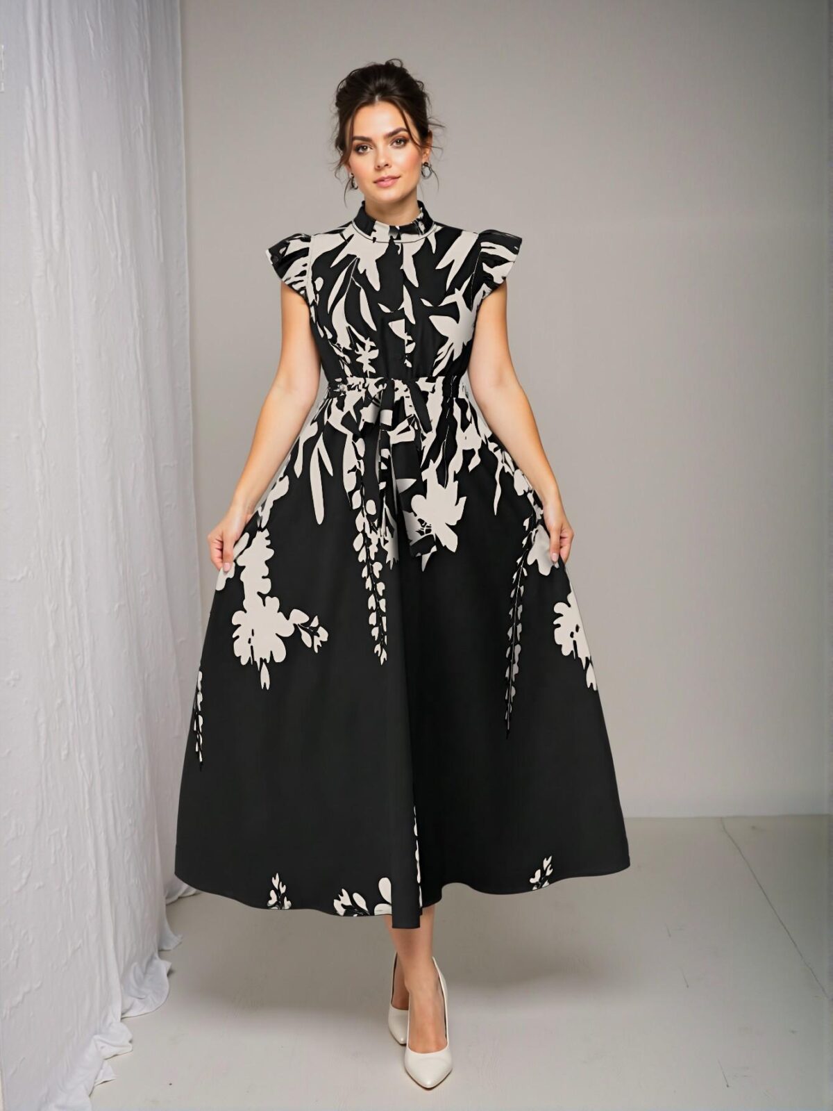 Elegant Black Floral Print Ruffle Dress, Stylishly Accentuates Curves, Ideal for Vacations, Beach Parties, Garden Gatherings, Casual Outings, Commuting, Shopping and More. Cozy Fabric, Unique Design, Excellent Value for Spring and Summer – Chic, Classy and Trendy Fashion Style to Dress to Impress - Image 4