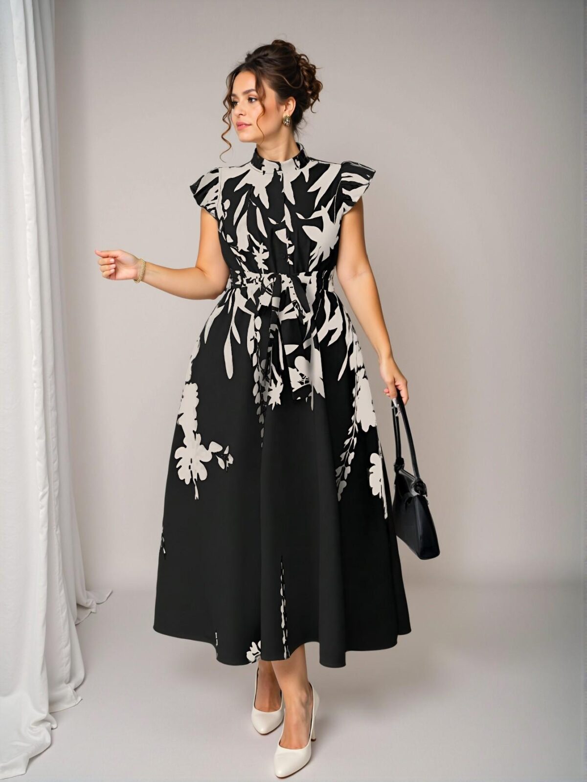 Elegant Black Floral Print Ruffle Dress, Stylishly Accentuates Curves, Ideal for Vacations, Beach Parties, Garden Gatherings, Casual Outings, Commuting, Shopping and More. Cozy Fabric, Unique Design, Excellent Value for Spring and Summer – Chic, Classy and Trendy Fashion Style to Dress to Impress - Image 5