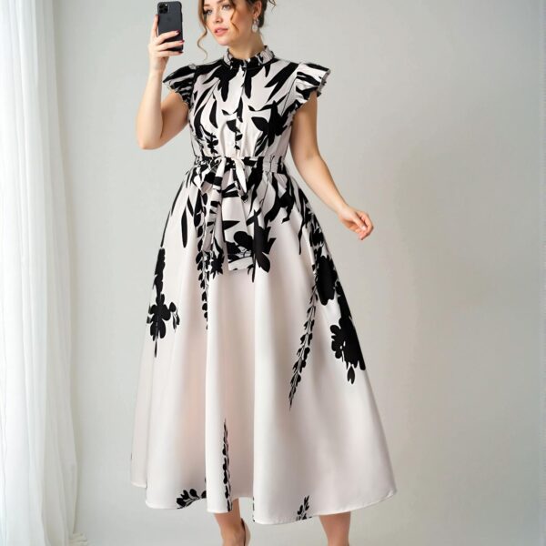 Elegant Multicolor Floral Print Dress with Ruffle Trim, Slimming A-Line Design Perfect for Vacations and Casual Outings - Comfortable Woven Fabric for Spring and Summer - Chic, Classy, and Trendy Fashion Style to Dress to Impress