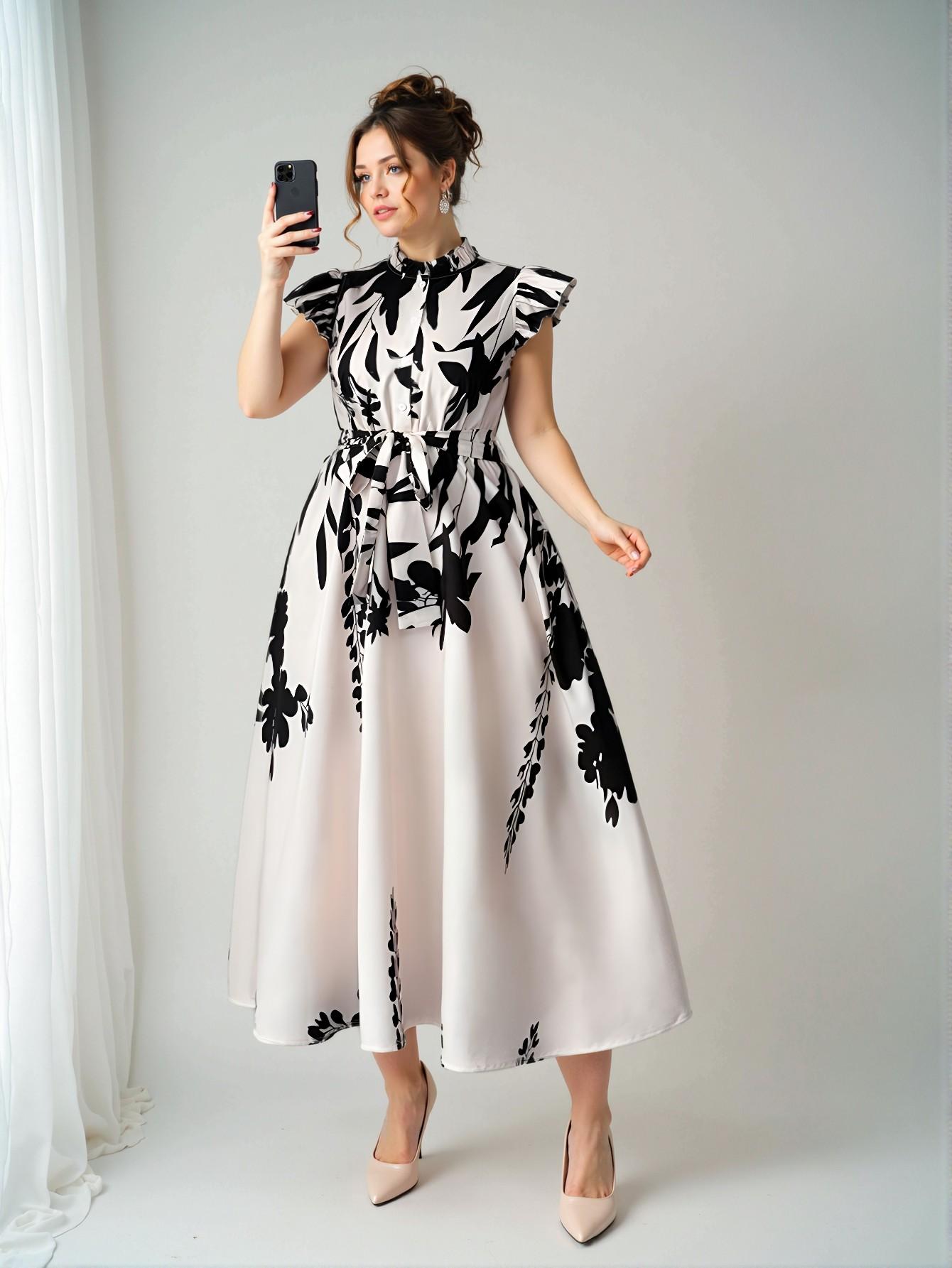 Elegant Multicolor Floral Print Dress with Ruffle Trim, Slimming A-Line Design Perfect for Vacations and Casual Outings - Comfortable Woven Fabric for Spring and Summer - Chic, Classy, and Trendy Fashion Style to Dress to Impress