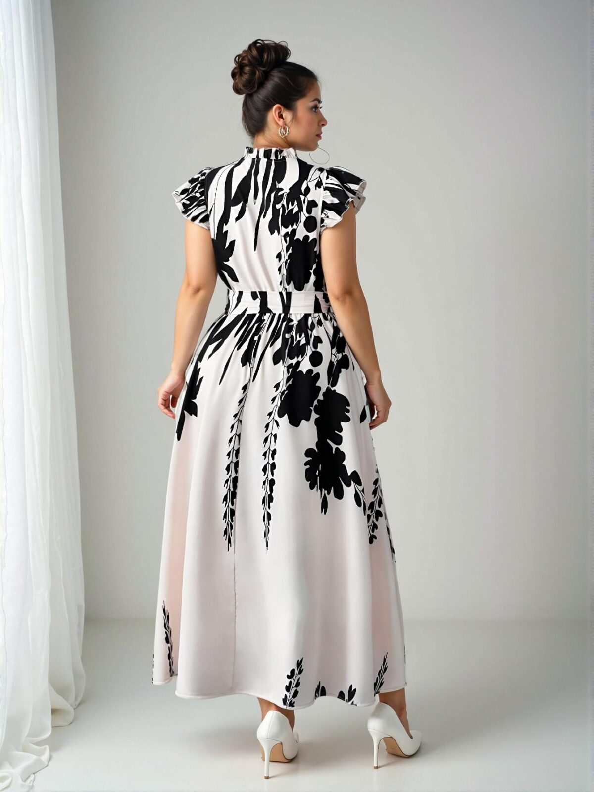 Elegant Multicolor Floral Print Dress with Ruffle Trim, Slimming A-Line Design Perfect for Vacations and Casual Outings - Comfortable Woven Fabric for Spring and Summer - Chic, Classy, and Trendy Fashion Style to Dress to Impress - Image 2
