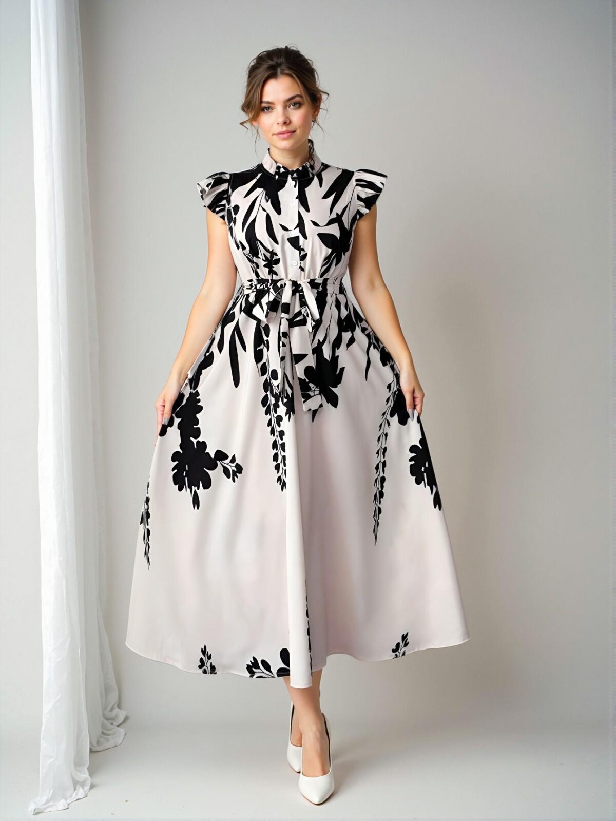 Elegant Multicolor Floral Print Dress with Ruffle Trim, Slimming A-Line Design Perfect for Vacations and Casual Outings - Comfortable Woven Fabric for Spring and Summer - Chic, Classy, and Trendy Fashion Style to Dress to Impress - Image 4