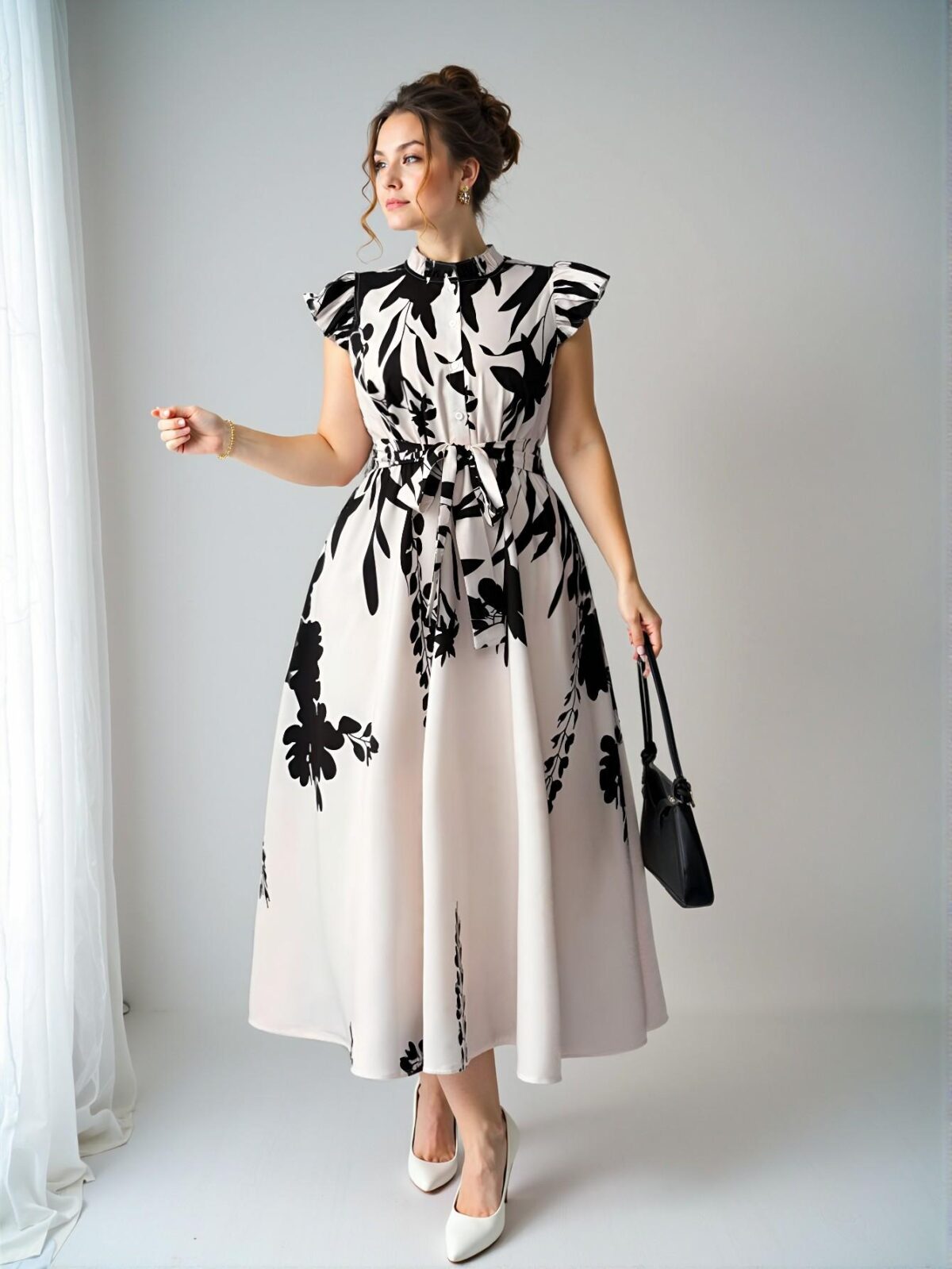 Elegant Multicolor Floral Print Dress with Ruffle Trim, Slimming A-Line Design Perfect for Vacations and Casual Outings - Comfortable Woven Fabric for Spring and Summer - Chic, Classy, and Trendy Fashion Style to Dress to Impress - Image 5