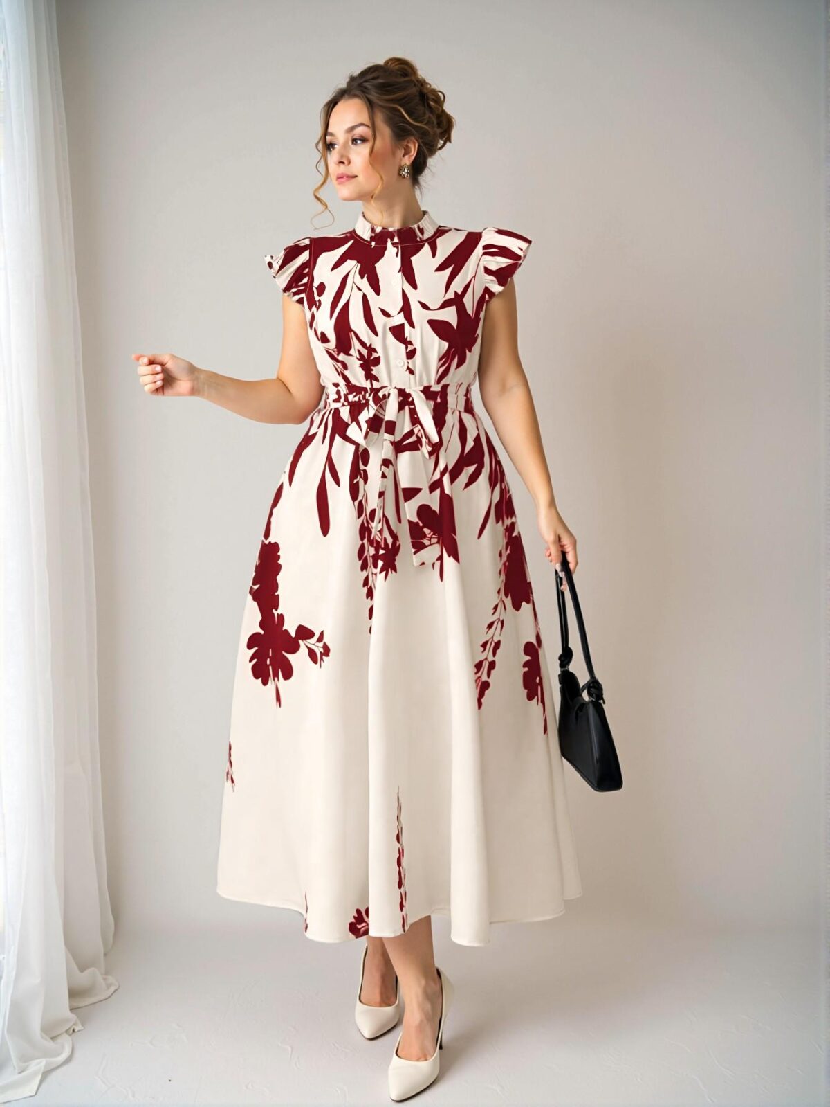 Elegant Red Floral Print A-Line Midi Dress with Ruffle Trim and Belted Detail, Perfect for Vacations, Garden Parties, and Casual Outings – Chic, Classy, and Trendy Fashion Style to Dress to Impress