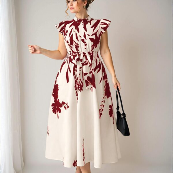 Elegant Red Floral Print A-Line Midi Dress with Ruffle Trim and Belted Detail, Perfect for Vacations, Garden Parties, and Casual Outings – Chic, Classy, and Trendy Fashion Style to Dress to Impress