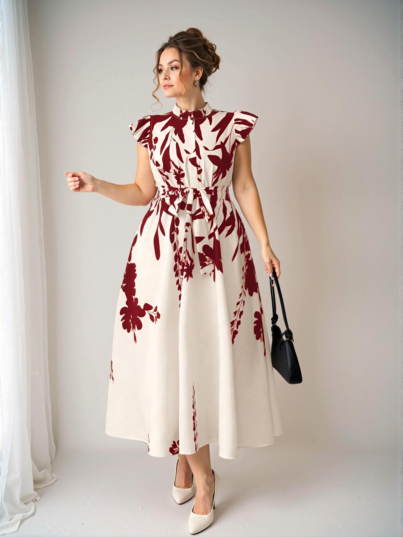 Elegant Red Floral Print A-Line Midi Dress with Ruffle Trim and Belted Detail, Perfect for Vacations, Garden Parties, and Casual Outings – Chic, Classy, and Trendy Fashion Style to Dress to Impress