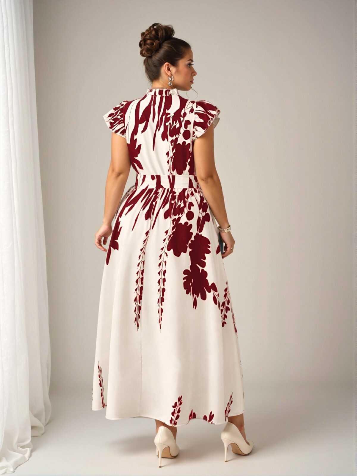 Elegant Red Floral Print A-Line Midi Dress with Ruffle Trim and Belted Detail, Perfect for Vacations, Garden Parties, and Casual Outings – Chic, Classy, and Trendy Fashion Style to Dress to Impress - Image 2