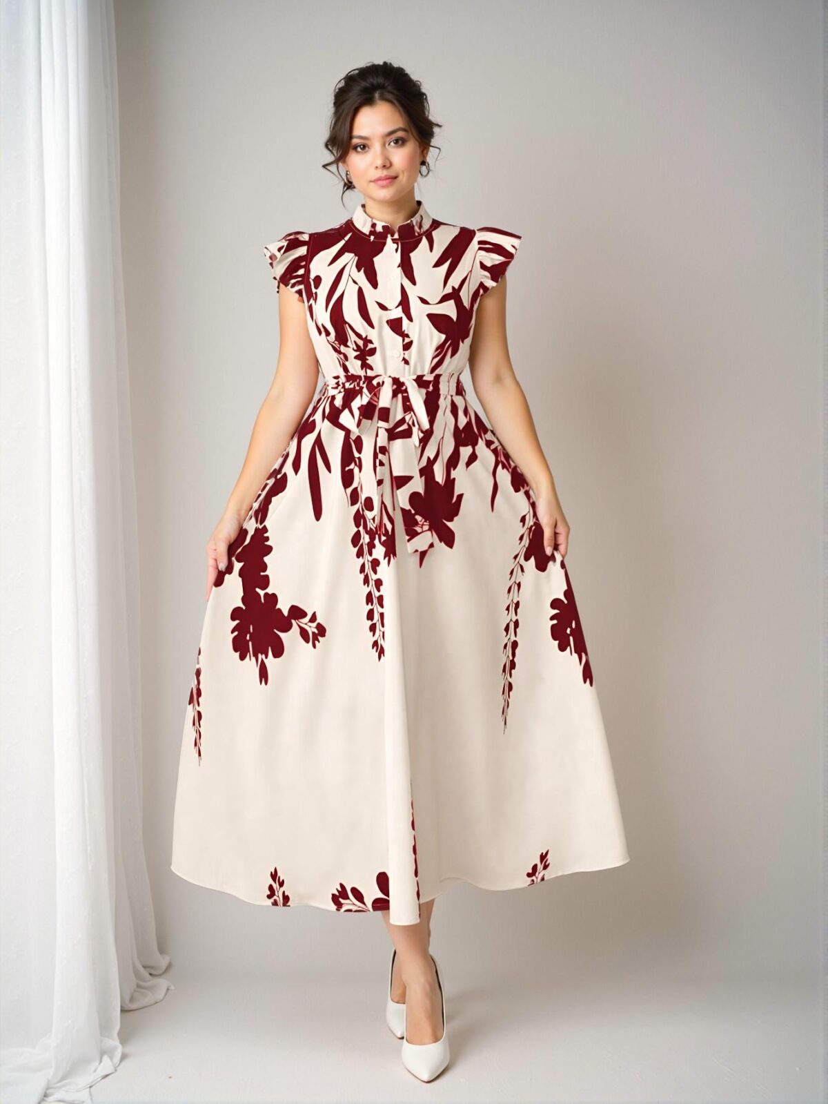 Elegant Red Floral Print A-Line Midi Dress with Ruffle Trim and Belted Detail, Perfect for Vacations, Garden Parties, and Casual Outings – Chic, Classy, and Trendy Fashion Style to Dress to Impress - Image 3