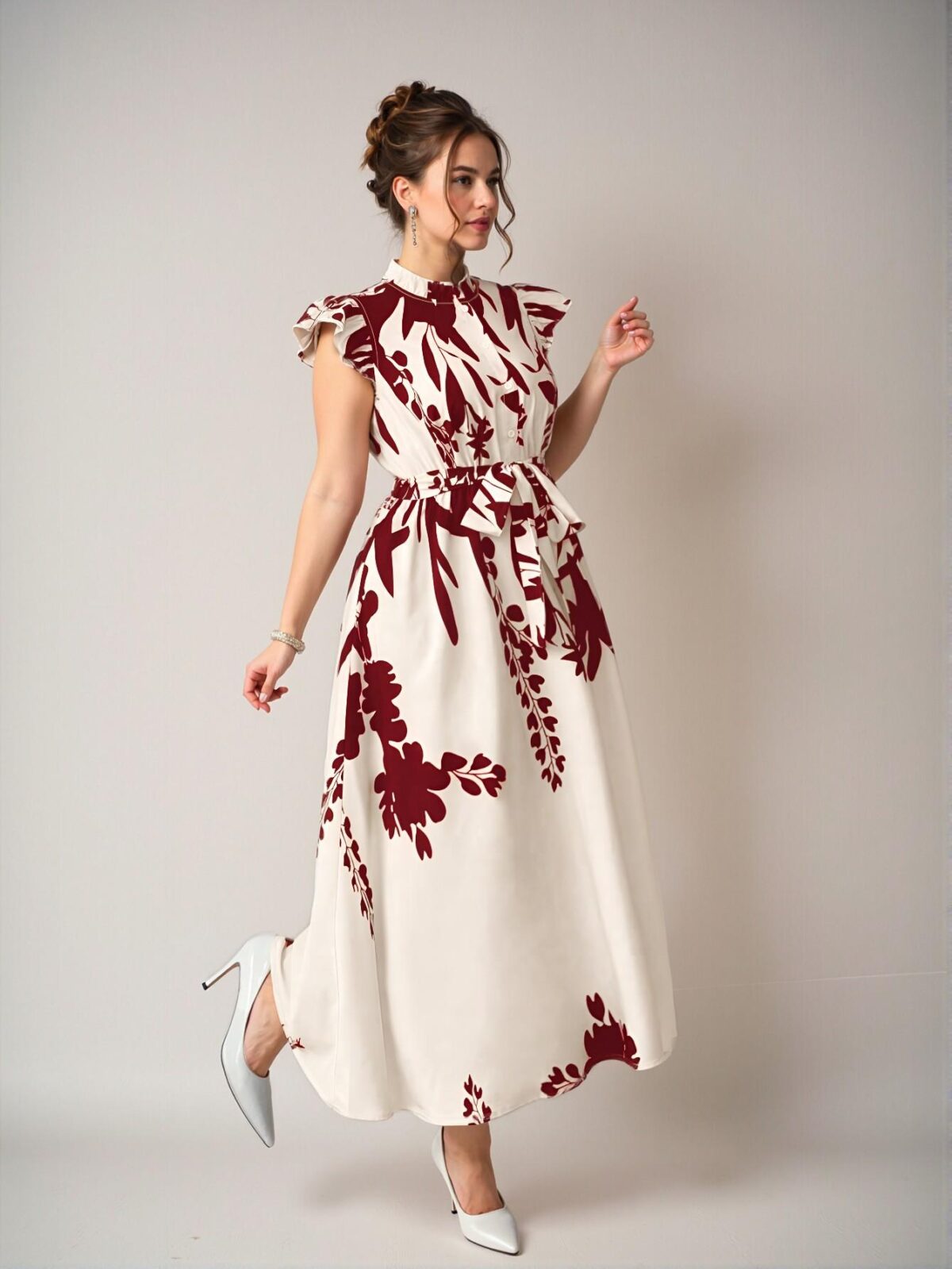 Elegant Red Floral Print A-Line Midi Dress with Ruffle Trim and Belted Detail, Perfect for Vacations, Garden Parties, and Casual Outings – Chic, Classy, and Trendy Fashion Style to Dress to Impress - Image 5